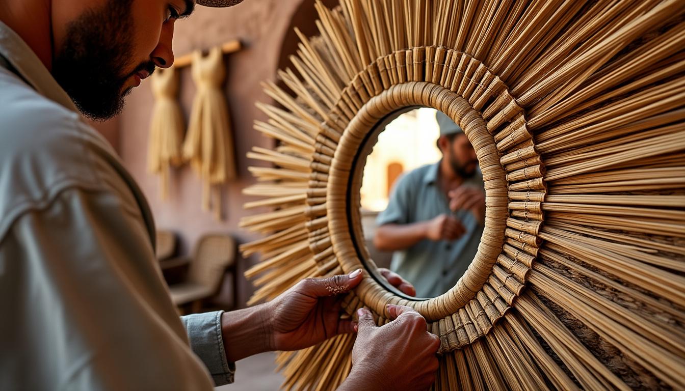 Miroir soleil en doum, l'artisanat marocain qui illumine vos intérieurs 16 sublimez votre décoration avec un miroir soleil en doum, symbole de l'artisanat marocain. apportez une touche chaleureuse et authentique qui illumine votre intérieur avec élégance.